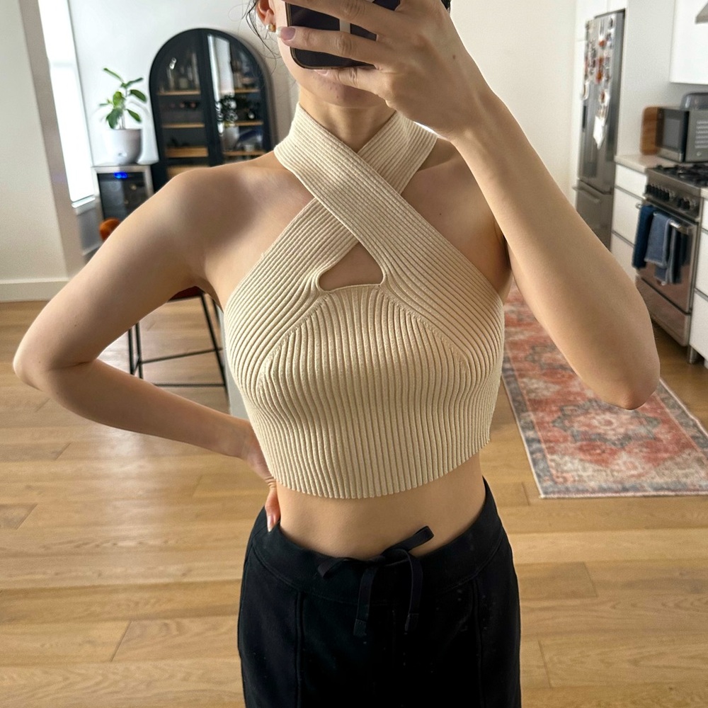 Beige crossover knit crop top, size S